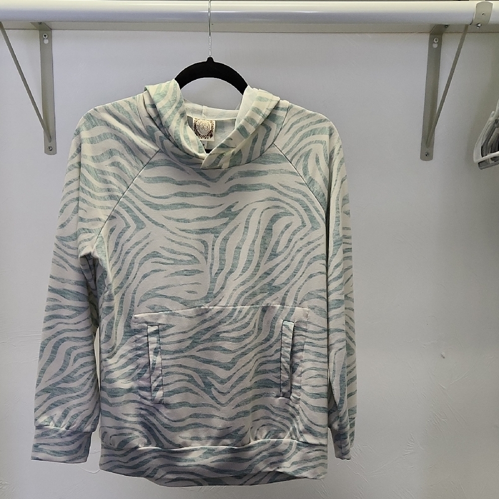 Womens Zebra Print Hoodie in Light Green and Cream Colors Size Medium.